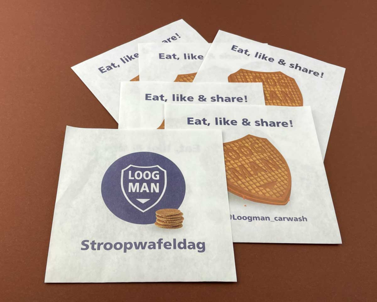 Stroopwafelzakjes in elk formaat. Bedrukt in full colour of PMS kleuren